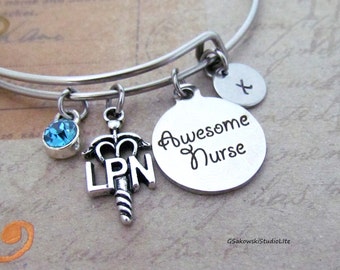 Awesome Nurse Licensed Practical Nurse Personalized Hand Stamped Initial Birthstone Silver LPN Caduceus Stainless Steel Expandable Bangle
