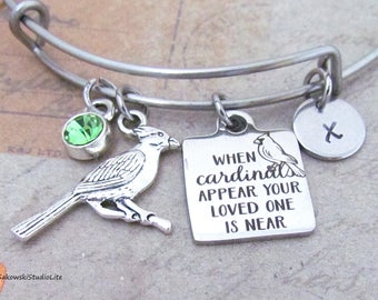 Memorial When cardinals appear your loved one is near Cardinal Charm Personalized Hand Stamped Initial Birthstone Stainless Bangle Bracelet