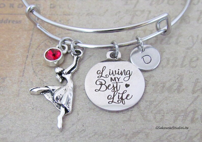 Living my Best Life Dancer Bangle Personalized Hand Stamped Initial Birthstone Contemporary Dancer Charm Stainless Steel Expandable Bracelet