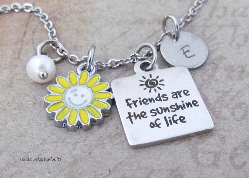 Friends are the sunshine of life Sun Charm Necklace Personalized Hand Stamped Initial Monogram Birthstone Antique Silver Sunshine Necklace