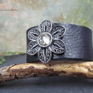 Rhinestone Flower Leather Cuff Bracelet, Silver Bee Black Leather Wristband Rustic Glam Boho Chic Rhinestone Flower Leather Cuff Bracelet