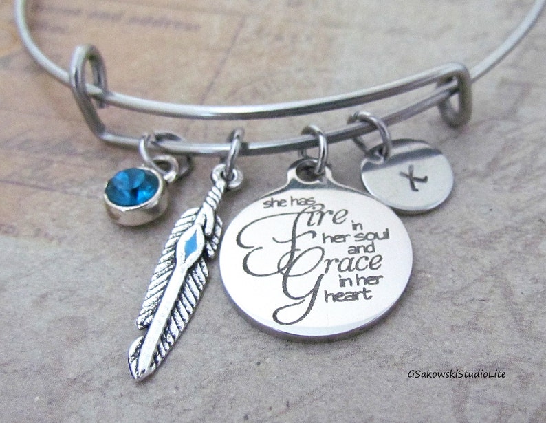 She Has Fire In Her Soul And Grace In Her Heart Personalized Hand Stamped Initial Birthstone Inspirational Stainless Steel Bangle Bracelet