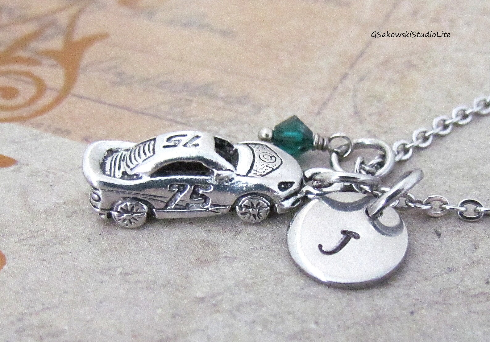 Race Car Charm Necklace Personalized Hand Stamped Initial Etsy