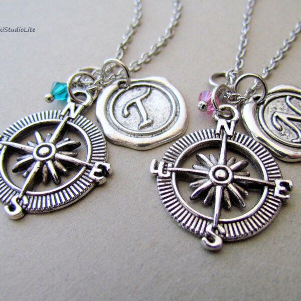 Two Compass Best Friends Necklaces, Best Friend Personalized Wax Seal Birthstone Initial, Antique Silver Best Friend Compass Necklace