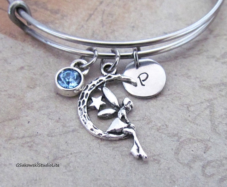 Fairy on the Moon Bangle Personalized Hand Stamped Initial Birthstone Antique Silver Fairy Charm Expandable Stainless Steel Bangle Bracelet