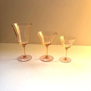 Pink Depression Glasses Set of 3-Water Goblet, Wine, Liquor Vintage