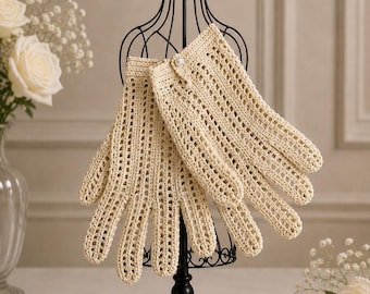 Vintage Hand Crochet Cream Gloves 1940s Wedding Formal Gloves Unused