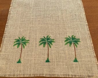 Runner da tavola in juta con palme dipinte a mano, decorazione costiera da spiaggia