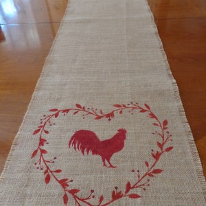 Rooster & Heart Burlap Runner Hand Painted Table Runner