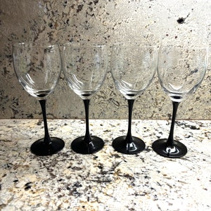 Vintage Set of Four Wine Glasses/ Water Goblets Black Stem & Foot
