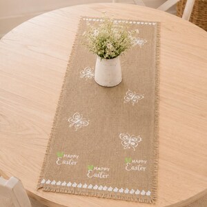 Happy Easter Burlap Table Runner Hand Painted with Bunny Border Design