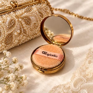 May include: A round gold compact mirror with an open lid revealing a beige powder puff featuring a pink ribbon strap with the word Majestic printed in black. The compact is positioned near a pearl-embellished gold clutch and white flowers.