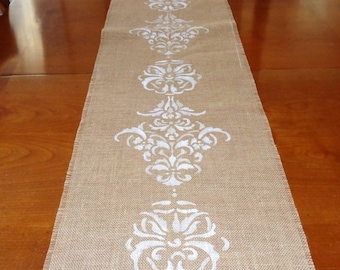 Burlap Table Runner Damask Design Hand painted, Wedding Runner