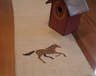 Burlap Table Runner  Horse Motif 52 x12, Farmhouse Runner, Equestrian, Country Runner