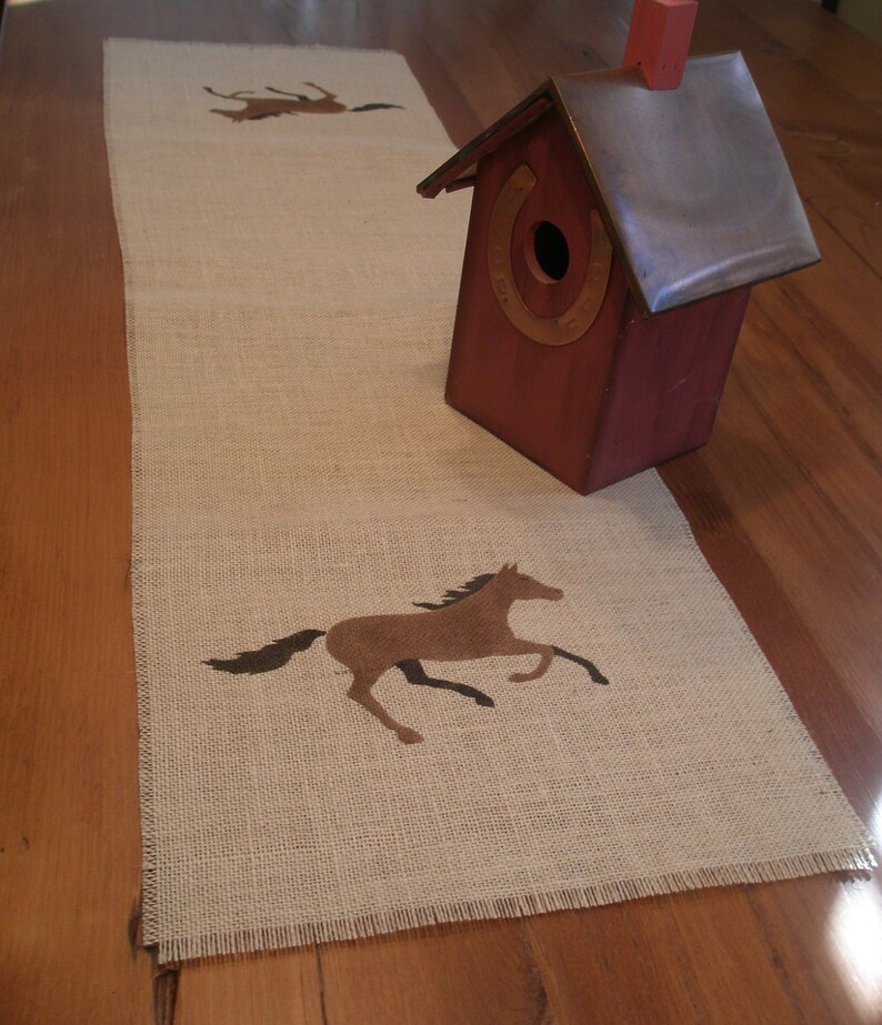 Burlap Table Runner Horse Motif 52 X12, Farmhouse Runner, Equestrian