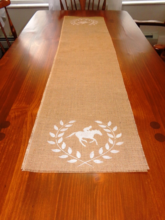 Hand Painted Equestrian Burlap Table Runner: Horse & Jockey
