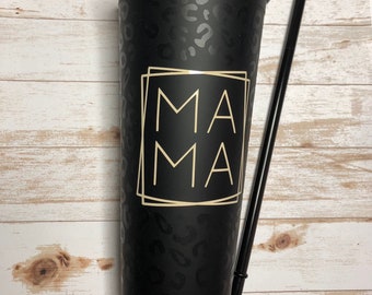 Mama Cheetah Print Matte Black Tumbler – Personalized 22oz Acrylic Cup