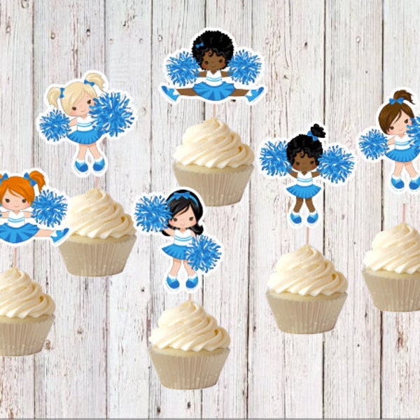 12 Blue Cheerleaders  Cupcake Toppers - Go Team - Cute Cheerleaders Toppers