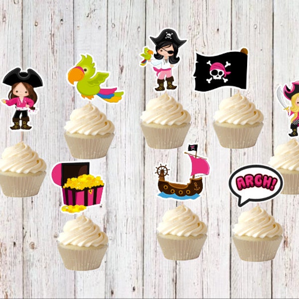 Pirates Girls - Pirate Party - Birthday Pirate Girl - Set of 16 Cupcake Toppers - Pirate Girl  Baby Shower