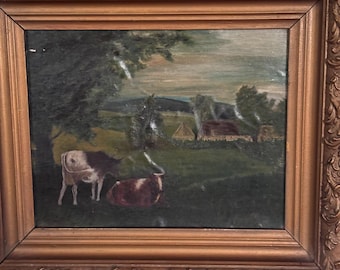 Antique oil painting cattle, cows