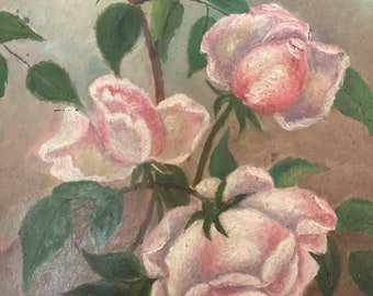 Antique victorian oil painting pink roses