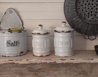 Antique French enamelware canisters