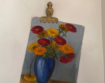 Vintage oil on canvas Zinnia’s