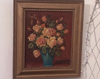Vintage oil painting yellow roses
