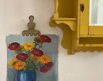 Vintage oil on canvas Zinnia’s