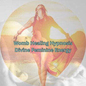 May include: An image with a woman in a flowing red dress, arms outstretched, with the text "Womb Healing Hypnosis Divine Feminine Energy" overlaid. The background is a blurred beach scene with a warm, golden light.