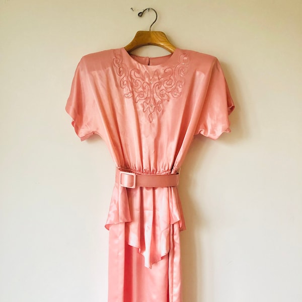 1980s, 1990s Pale Satin Pink Dress, Work, Formal, Matching Belt, 9-5, Dolly Parton, Jane Fonda