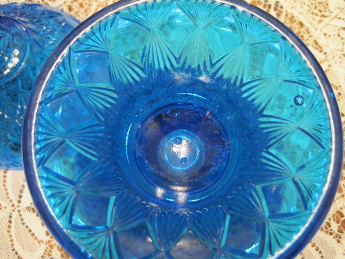 Vintage Peacock Blue Crystal Candy Dish 1960 Etsy