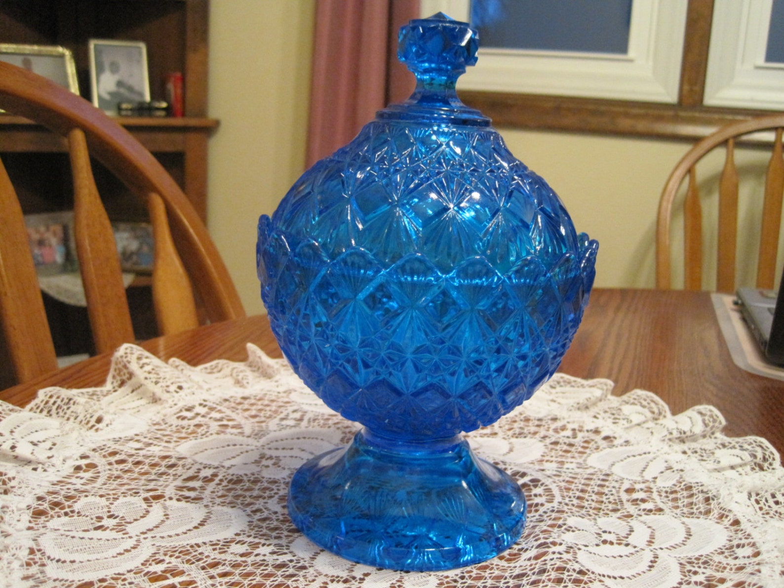 Vintage Peacock Blue Crystal Candy Dish 1960 Etsy