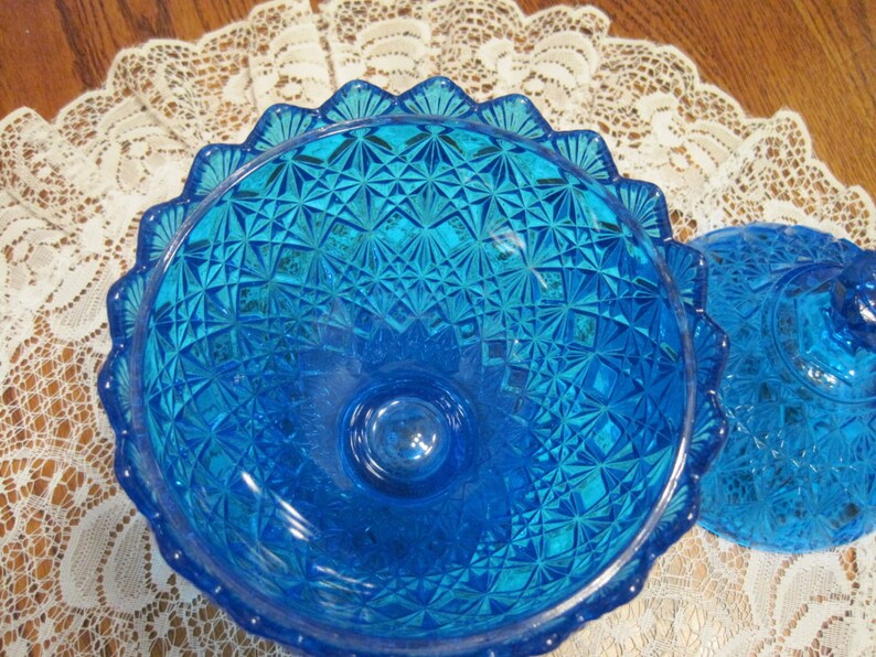 Vintage Peacock Blue Crystal Candy Dish 1960 Etsy