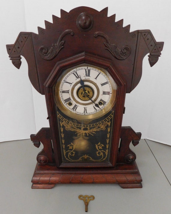 Antique Wood Gingerbread Kitchen Clock With Key Working Antique Wood Gingerbread Kitchen Clock With Key Working