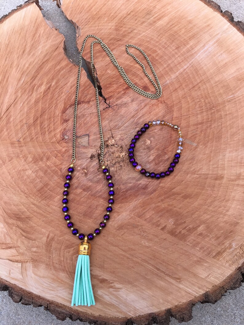 The Edie Mint Green Leather Tassel With Purple Blue and Etsy