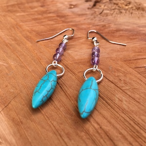 Catalina, oval turquoise howlite stone and round amethyst beaded earrings with silver french hooks