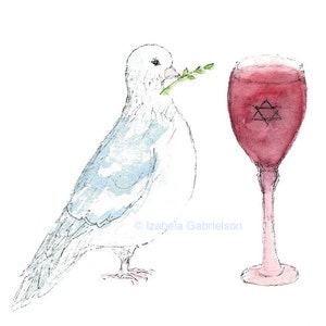 May include: A watercolor painting of a white dove with a green sprig in its beak, next to a glass of red wine with a Star of David inside. The dove symbolizes peace, while the wine and Star of David represent Jewish tradition.