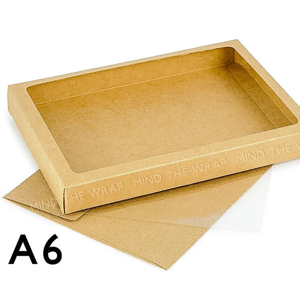 25 - A6 Kraft Window Box - 4 7/8 x 7/8 x 6 5/8 inches - includes 25 Clear Poly Inserts - Food Safe - Fits A6 Cards & Envelopes