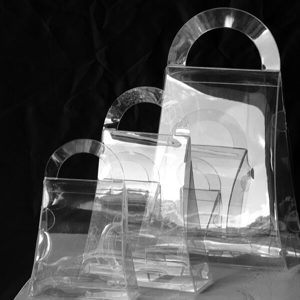 25 - Small Purse-Shaped Boxes - 3 1/2" x 1 1/2" x 4"  - Crystal Clear, Handbag Shape, Food, Favors, Gifts, Packaging