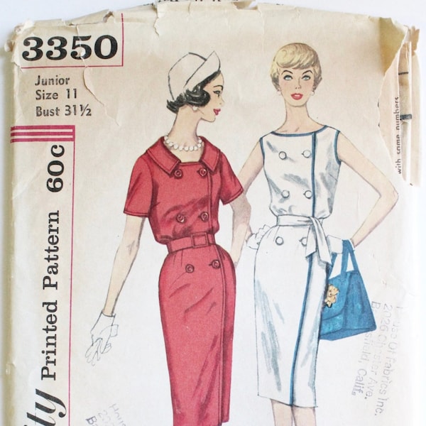 Wrap Around Shift Dress Pattern- Sewing Pattern 1950s Women's Wiggle Sheath Dress with Buttons Vintage Size 11 Simplicity 3350 Bust 31.5