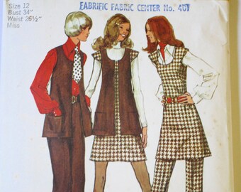 Vintage 1970's Women's Dress, Vest, Tunic, and Pants Sewing Pattern Size 12 Simplicity 5192