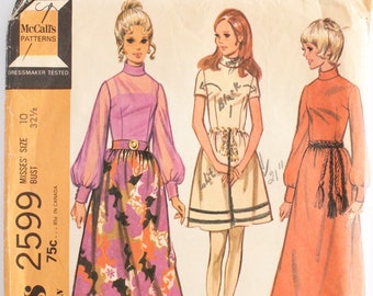 Maxi Dress Pattern- Vintage 1960s Womens Gathered Waist High-Neck Dress Sewing Pattern Size 10 Bust 32.5 McCalls 2599