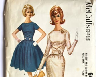 Vintage Sewing Pattern 1950s/1960s Women's Full Skirt Dress/Wiggle Dress with Button Detail at Waist Size 10 Bust 31 McCall's 6473