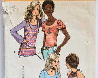Vintage 1970s Women's Knit Shirt/ Tank Top Sewing Pattern Misses Size 10 Bust 32.5 Simplicity 9930