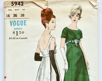 Vintage 1960s Women's Empire Waist Long Evening Dress/Gown Sewing Pattern Size 16 Bust 36 Vogue 5942