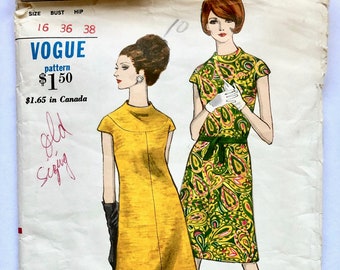 Shift Dress Pattern- Vintage 1960s Women's Slim Sheath Dress or Tunic with Skirt Sewing Pattern Size 16 Bust 36 Vogue 7040