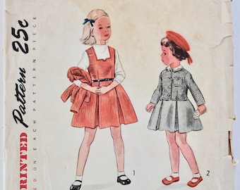 Girls Dress Pattern Vintage 1940s/1950s Girls Pleated Jumper Dress and Jacket Sewing Pattern Size 4 Simplicity 3405