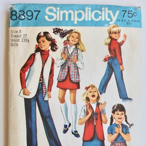 Vintage Sewing Pattern 1960s Childs/Girls Super Jiffy Pants, Vest, and Mini Skirt Size 8 Simplicity 8897 image 1