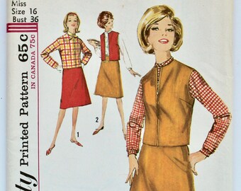 Vintage 1960s Misses Skirt, Blouse, and Jacket or Vest Sewing Pattern Size 16 Bust 36 Simplicity 5100 - UNCUT